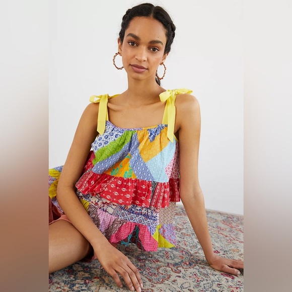 Anthropologie Let Me Be Ruffled Patchwork Flowy Tank Top Blouse - Picture 1 of 9